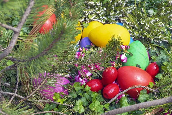 Colorful Easter eggs in a wicker basket on a natural background. — Stock Photo, Image