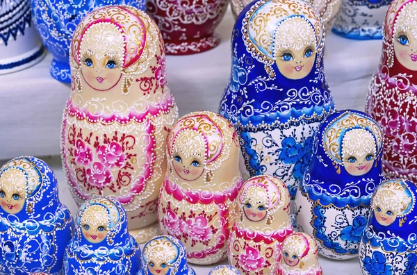 Russian wooden doll matryoshka on the counter of the gift shop. Matryoshka is a national Russian souvenir.