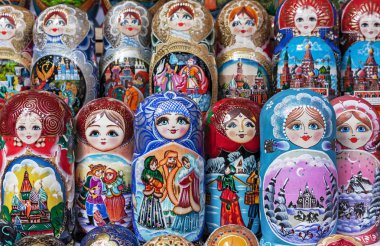 Matryoshka is a national Russian souvenir. Russian wooden doll matryoshka on the counter of the gift shop. Nested doll. clipart