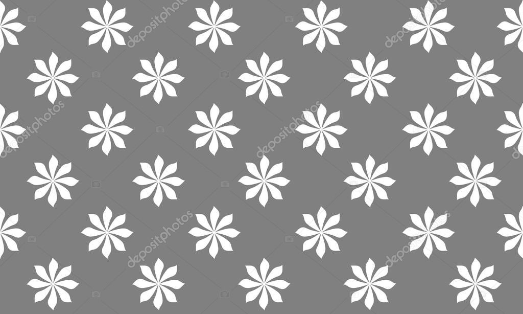 White flowers on a gray background. Seamless vector pattern. Summer print in light colors. Illustration for packaging, fabric, textile, wallpaper.