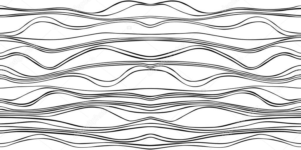  Pattern in the form of stripes, horizontal waves. Black and white version. Element for design of cards, greetings, posters, banners, advertising, interior,wallpapers and holiday.Seamless texture.