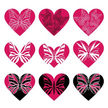 Kalpler. Kelebekli desen. Reklam, ambalaj, kumaş ve tekstil tasarımı için dekoratif öğeler kümesi.