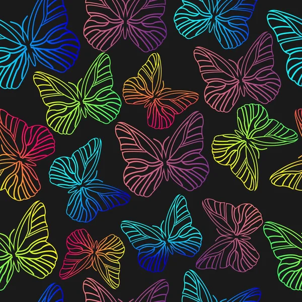 Mariposas Multicolores Sobre Fondo Negro Ilustración Vectorial Sin Costuras Para — Vector de stock