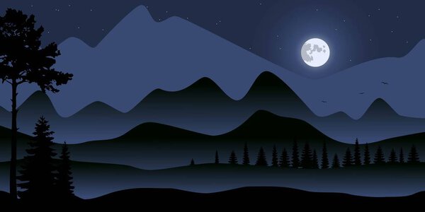Горы, лес, луна. Ночной пейзаж в темно-синих тонах. Холмы и деревья. Вектор
.