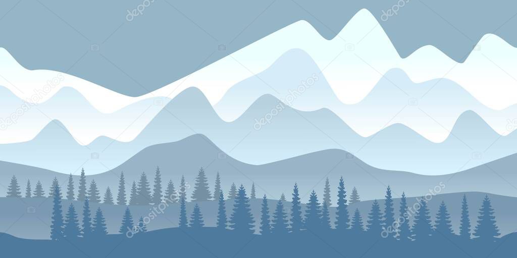 Mountains, forest, snow peaks. Winter background. Landscape in cool blue tones. Vector design.