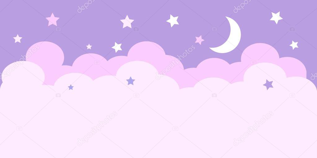 The moon, stars, clouds. A light background in delicate pink and purple colors. Design for a children's bedroom.