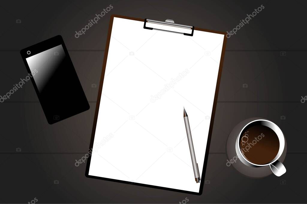   Mug of black coffee, phone, notebook, pen. Sheet for writing. A set of items for work, study, business. Vector illustration in dark colors.