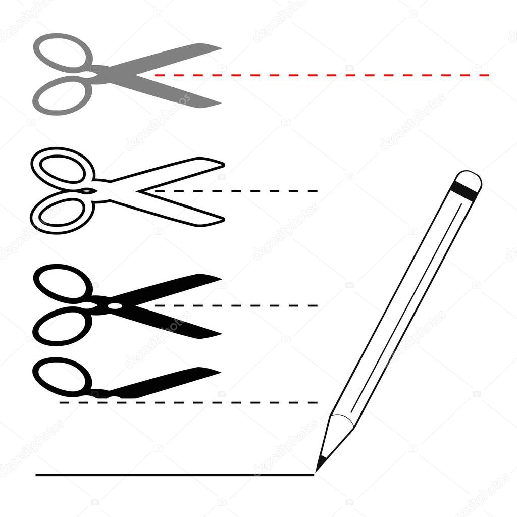 Scissors, pencil, dashed line. Elements for design, advertising, packaging. Vector.