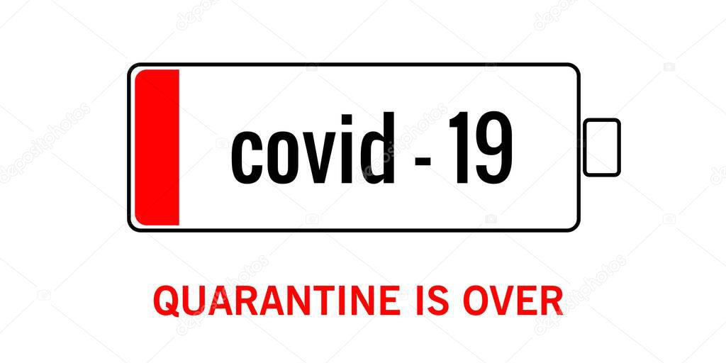 Quarantine is over. Social advertisement. Covid-19 battery is dead. Vector.