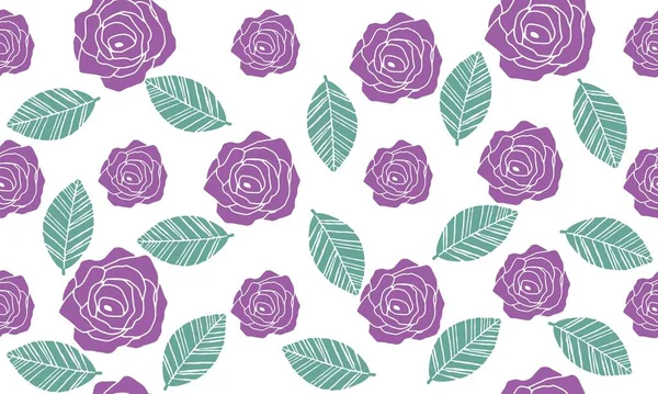 Rosas Hojas Adorno Floral Patrón Sin Costuras Colores Violeta Verde — Vector de stock