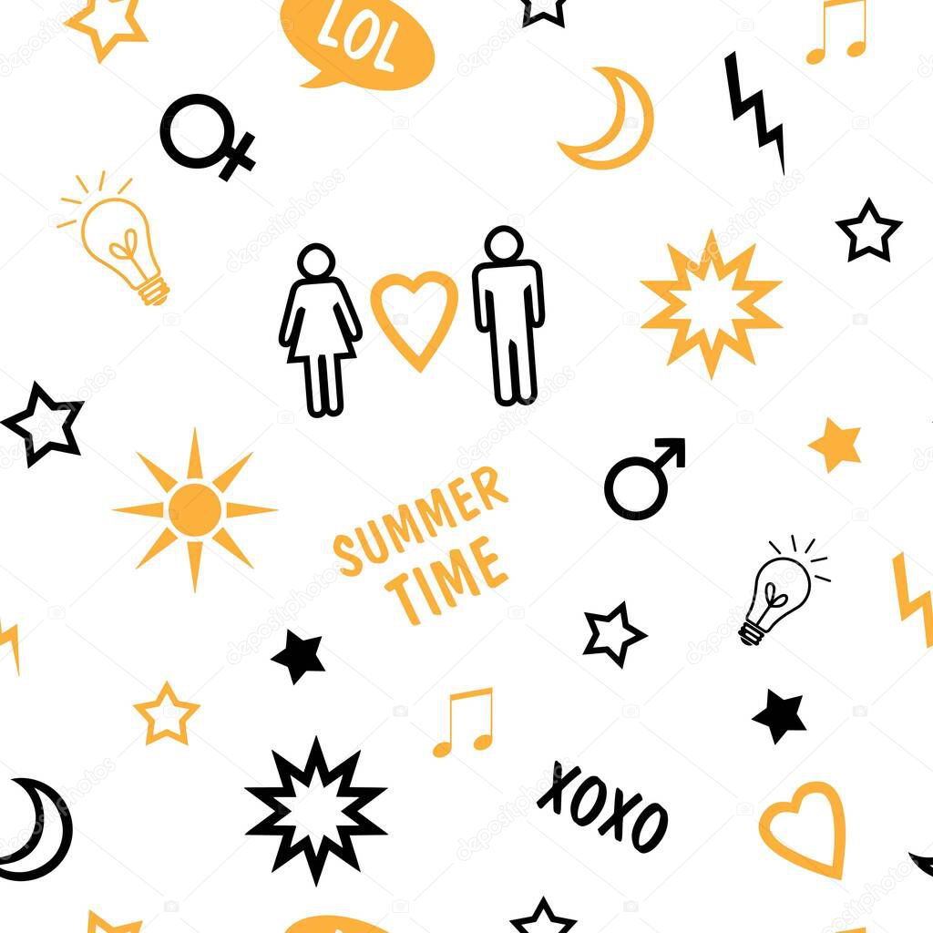 Comic speech, bubble with text LOL, summer time, expression. Female and male symbols.Bright vector illustration. Youth theme on a white background. Pictograms.Seamless patterns