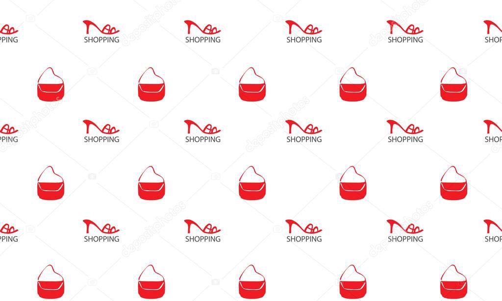 Advertising banner. Bright, contrasting. White background, red bag and shoes. Shopping Text