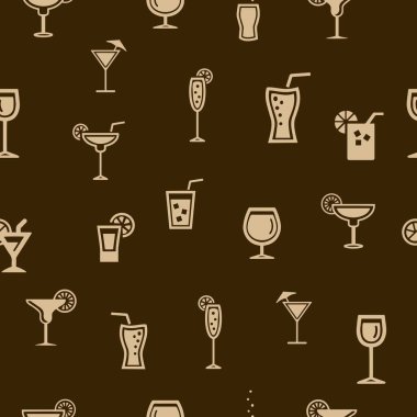 Bardaklar, fougerlar, bardaklar. Çeşitli içkiler. İçkiler, içecekler, kokteyller. Mutfak içi ve menü için kusursuz vektör çizimi.