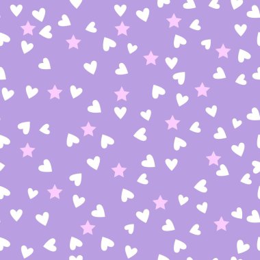 Pembe yıldızlar ve leylak arkaplanda beyaz kalpler. Hassas gölgeler. Kusursuz vektör çizimi.