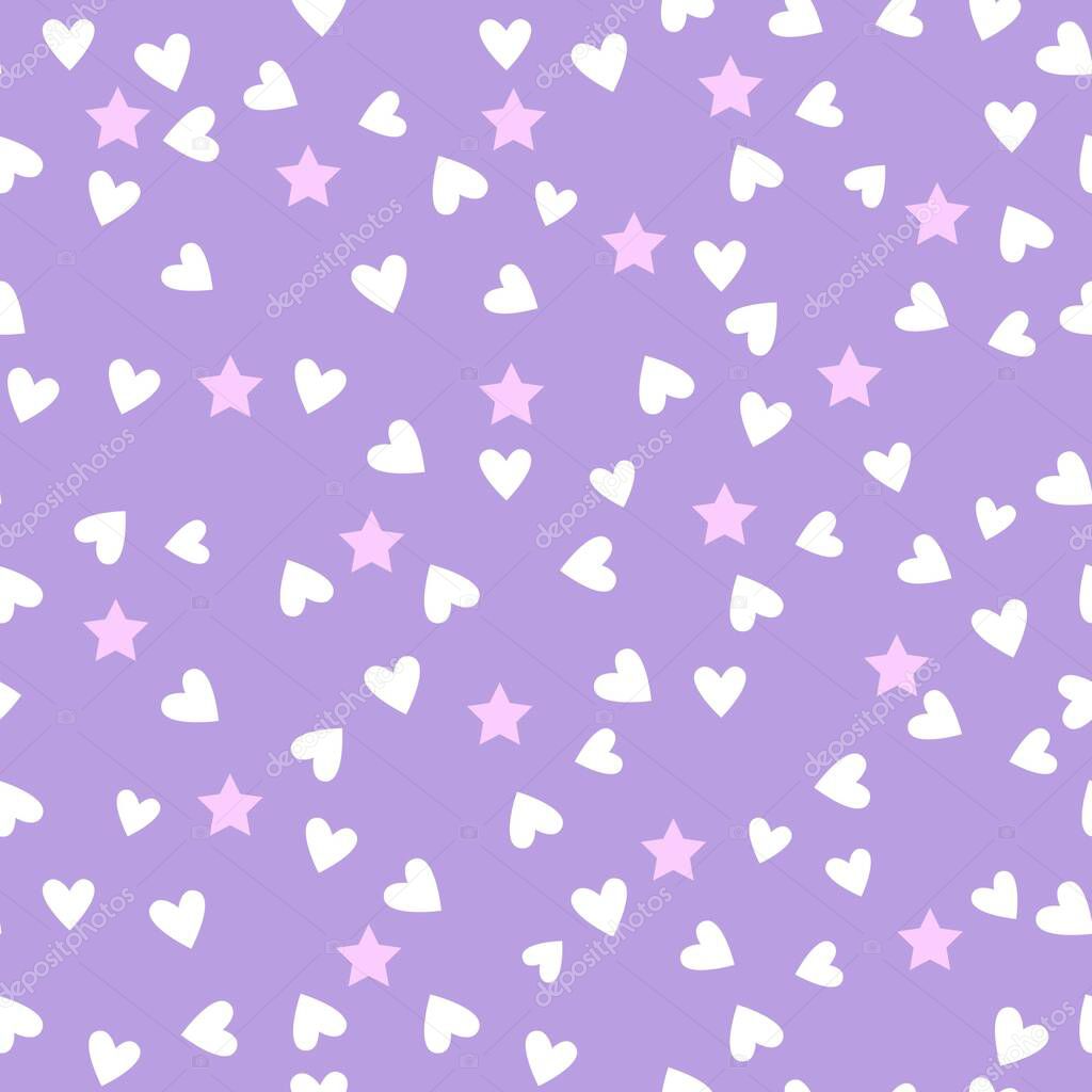 Pink stars and white hearts on a lilac background. Delicate shades. Seamless vector illustration.