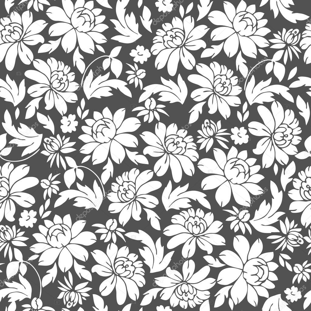 White flowers on a gray background. Elegant plant pattern. Seamless ornament.