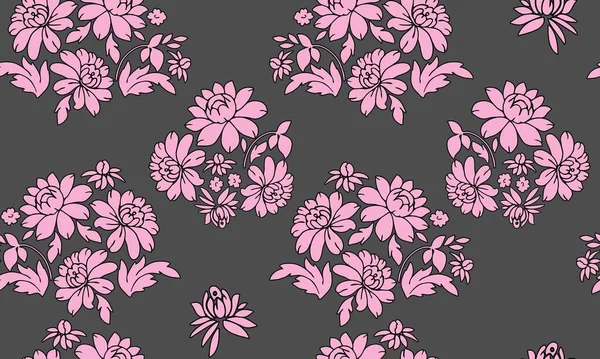 Flores Hojas Patrón Planta Elegante Rosa Sobre Fondo Gris Ilustración — Vector de stock