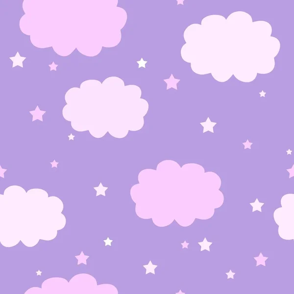 Rosa Wolken Und Sterne Auf Lilacphone Baby Tapete Niedliches Muster — Stockvektor