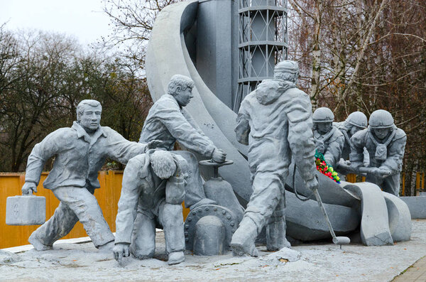 Monument to firefighters who participated in liquidation of consequences of accident at Chernobyl nuclear power plant ("Those who saved world"), Chernobyl, Ukraine