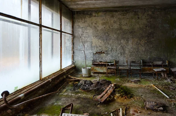 Salón Abandonado Hospital 126 Ciudad Fantasma Muerta Pripyat Zona Exclusión — Foto de Stock
