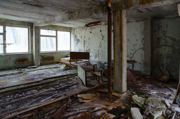 School in dead abandoned ghost town of Pripyat in Chernobyl nuclear power plant exclusion zone (after disaster, 32 years without people), Ukraine