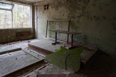 Ölü terk edilmiş hayalet kasaba Pripyat Chernobyl nükleer enerji santrali yabancılaşma bölgedeki Ukrayna (felaketinden sonra insanlar olmadan 32 yaş), okul
