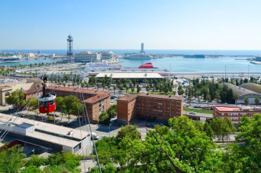 Barcelona, İspanya - 13 Eylül 2018: teleferik. Bağlantı noktasına, Barselona, İspanya, Montjuic dağ görüntülemek