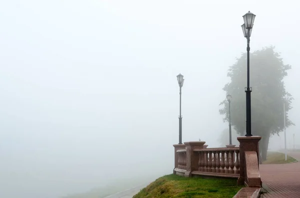 Foggy September Morning Embankment River Western Dvina Vitebsk Belarus — Stock Photo, Image