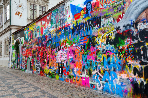 PRAGUE, CZECH REPUBLIC - JANUARY 22, 2019: Famous wall of John Lennon in Prague, Czech Republic