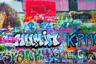 PRAGUE, CZECH REPUBLIC - JANUARY 22, 2019: Fragment of famous John Lennon Wall in Prague, Czech Republic