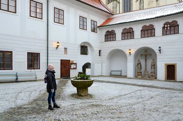 Menina - turista está localizado no pátio da biblioteca pública no centro histórico de Cesky Krumlov, República Checa — Fotografia de Stock