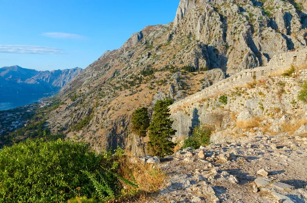 Rovine delle antiche mura della fortezza sopra Kotor e la baia di Kotor, Montenegro — Foto Stock