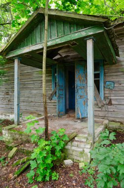 Beyaz Rusya 'nın Khoiniki ilçesinde Çernobil nükleer santralinin sınırlama bölgesindeki Dronki köyündeki terk edilmiş ilkokulun bir katlı ahşap binası.