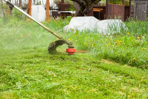 Man Mows Lawn Gas Mower Fishing Line — Stock Photo, Image