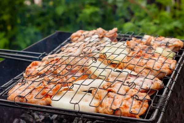 양파와 넓적다리에서 닭고기를 숯불에 요리하는 — 스톡 사진