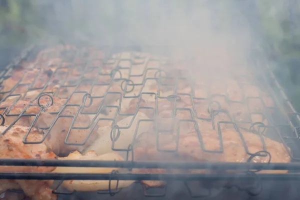 양파와 넓적다리에서 닭고기를 숯불에 요리하는 — 스톡 사진