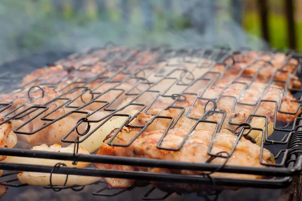 Chicken Skewer Thighs Onions Cooking Grill Coals — Stock Photo, Image