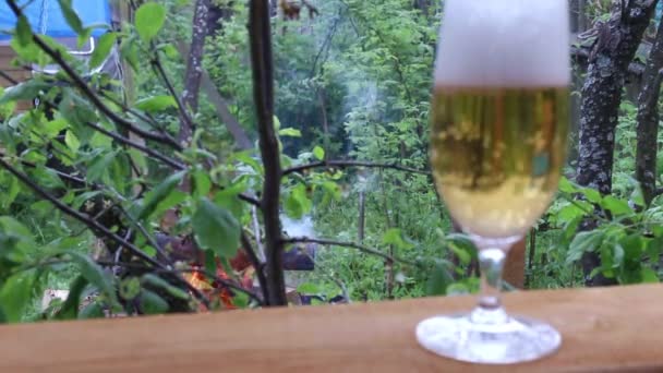 Vierta Cerveza Ligera Vaso Vidrio Contexto Del Fuego Naturaleza — Vídeos de Stock