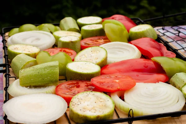 Salz Und Pfeffer Geschnittenes Gemüse Paprika Zwiebeln Tomaten — Stockfoto