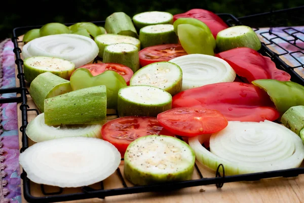 Salz Und Pfeffer Geschnittenes Gemüse Paprika Zwiebeln Tomaten — Stockfoto