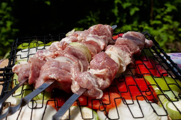 Carne Proaspătă Porc Friptură Prepararea Unui Kebab Shish — Fotografie, imagine de stoc