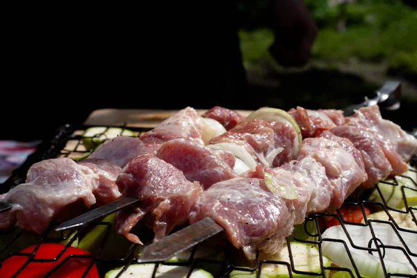 Fresh Pork Meat Skewer Preparation Shish Kebab — Stock Photo, Image