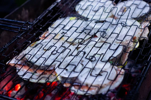 Pieces Red Fish Lemon Onion Grill Cooking Fish Coals — Stock Photo, Image