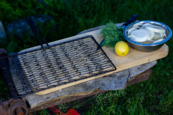 Grille Sur Table Citron Légumes Verts Oignons Marinés — Photo