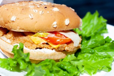 Marulun üzerinde sulu bir hamburger tabağı. Fast food posteri