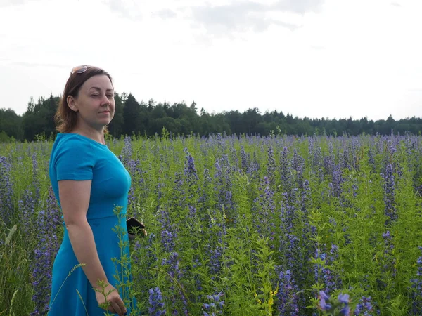 Girl Blue Dress Field Field Blue Flowers Stock Image