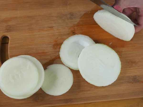 Cook Cuts Onions Wooden Board Poster — Stock Photo, Image