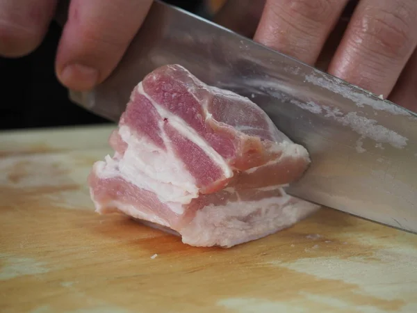 Pancetta Maiale Affettata Una Tavola Legno — Foto Stock