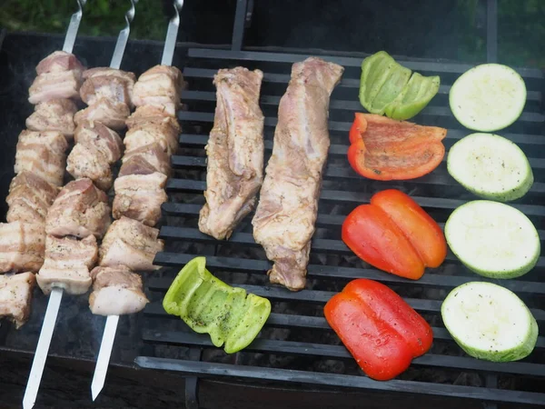 Fry Vegetables Meat Grill Grill Coals Skewers View Top Delicious — Stock Photo, Image