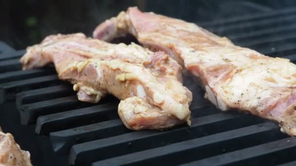 Cocinero Pone Carne Parrilla Cocinar Carne Fuego Vídeo — Vídeo de stock